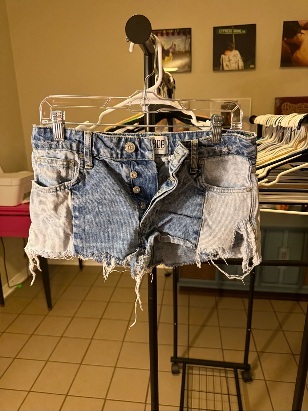 BDG Two-Tone Patchwork Denim Cutoff Shorts - Blue
